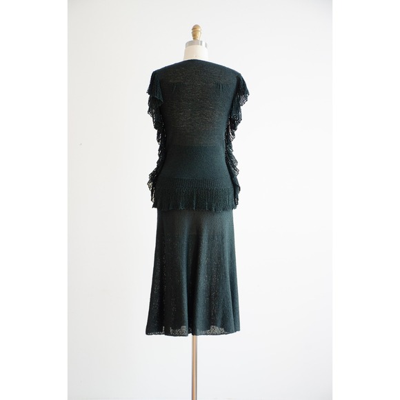 70s 80s vtg dark green ruffled sleeveless sweater skirt 2 piece set - Picture 10 of 10